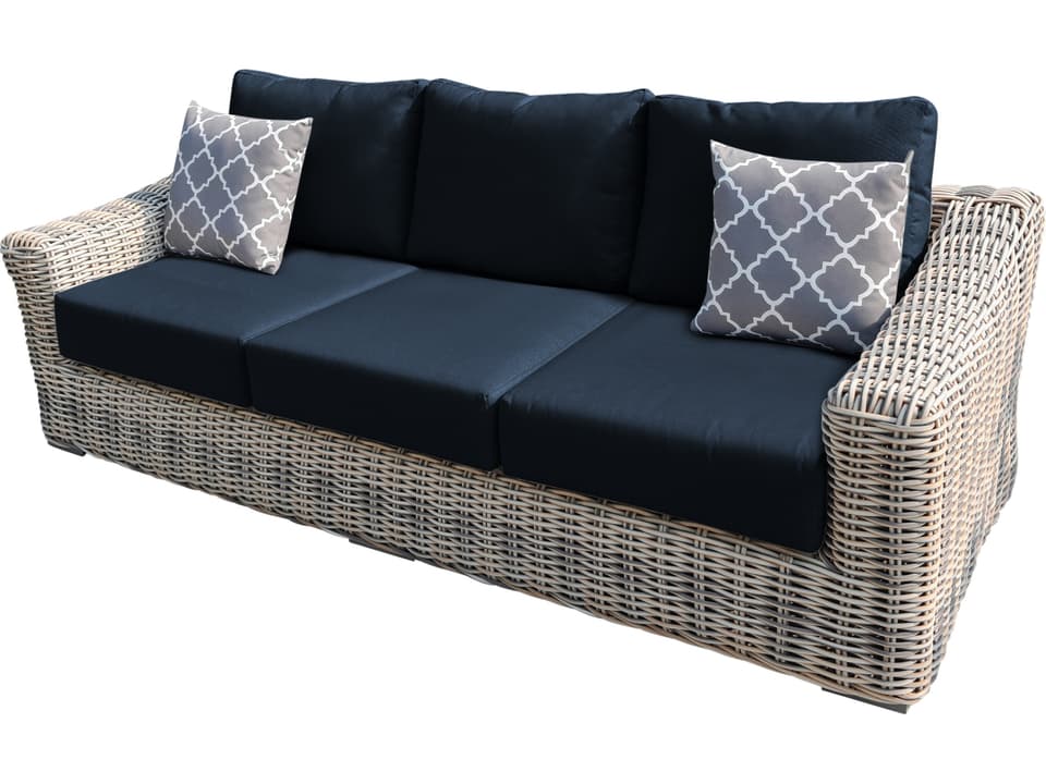 Hawaii Aluminum Wicker 3-Seat Sofa with Blue Olefin Cushions