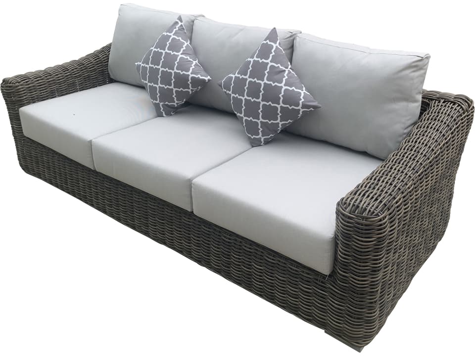 Furniture Monterey 3-Seat Outdoor Patio Sofa in Two Tone Brown Wicker with Silver Grey Cushions