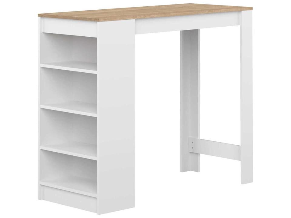 Aravis Rectangular Bar Table with Side Shelves in White and Natural Oak