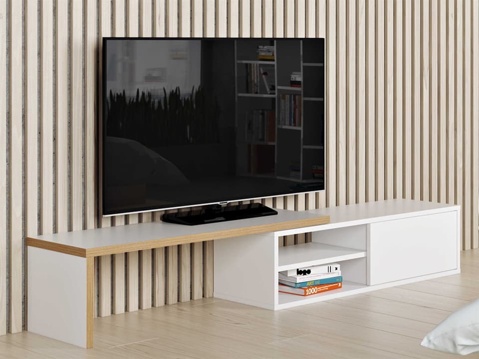 Move Expandable TV Stand in Pure White and Plywood