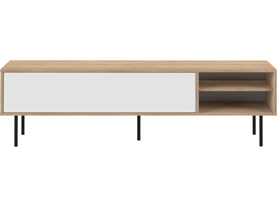 Ampere TV Stand in Oak and White with Black Metallic Legs