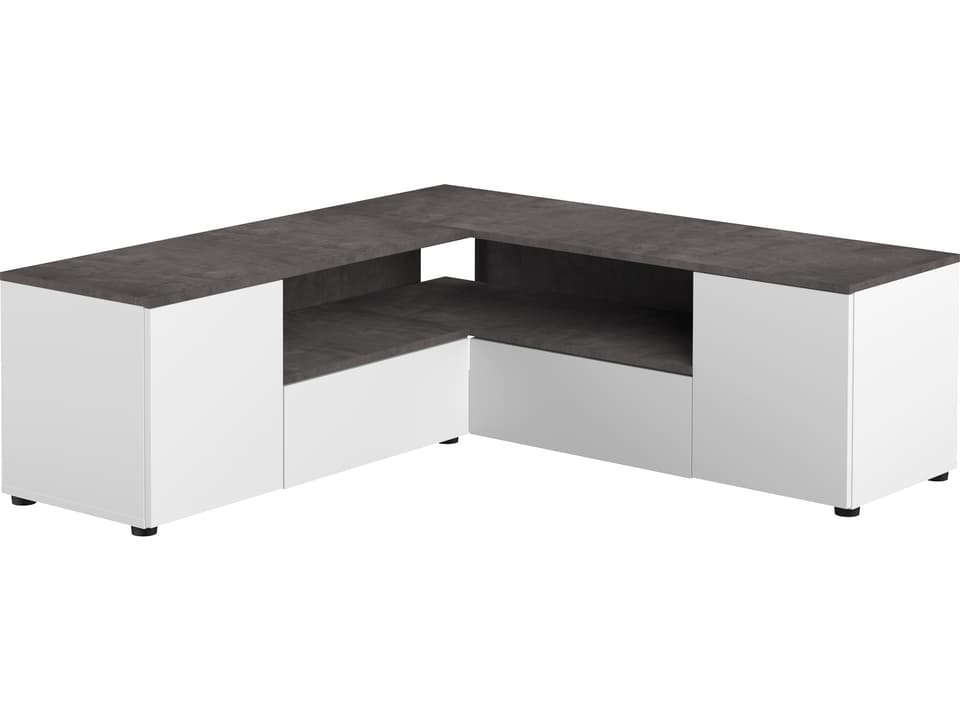 Angle TV Stand in White and Concrete Look with Five Storage Spaces