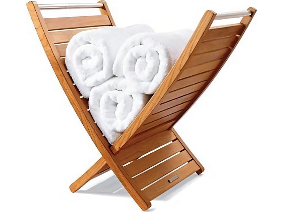 Large Freestanding Teak Towel Holder with Spa-Inspired X-Design