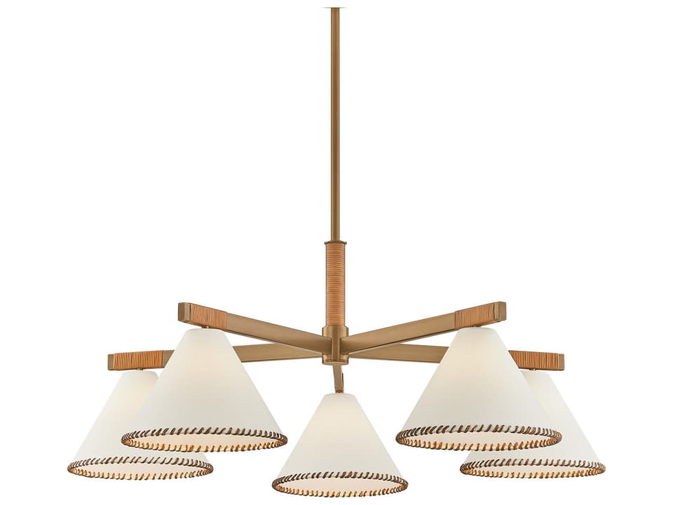 5-Light Stoney Chandelier in Patina Brass with White Linen Shades