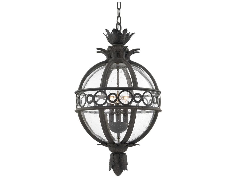 Campanile 4-Light Outdoor Pendant Light in French Iron with Seeded Glass