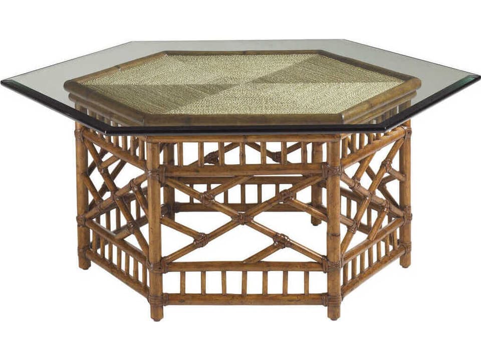 Home Key Largo Hexagon Coffee Table with Glass Top in Plantation Finish
