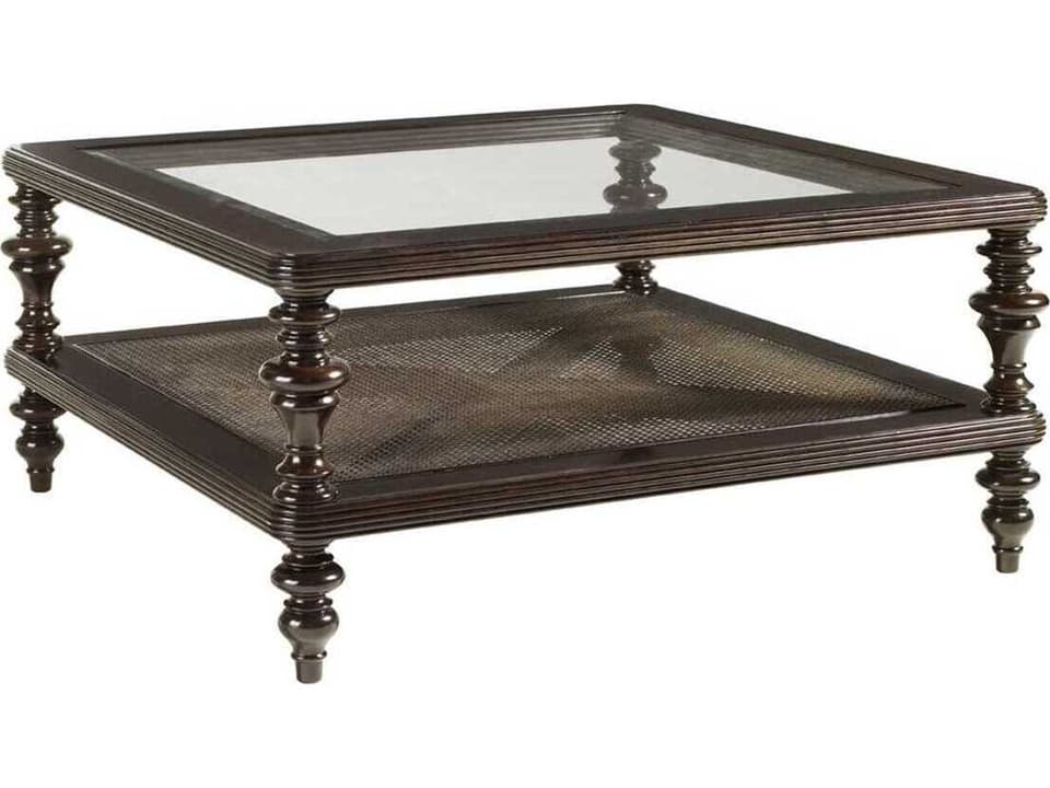 Royal Kahala Tropic Square Coffee Table in Kona Finish with Woven Wicker Shelf