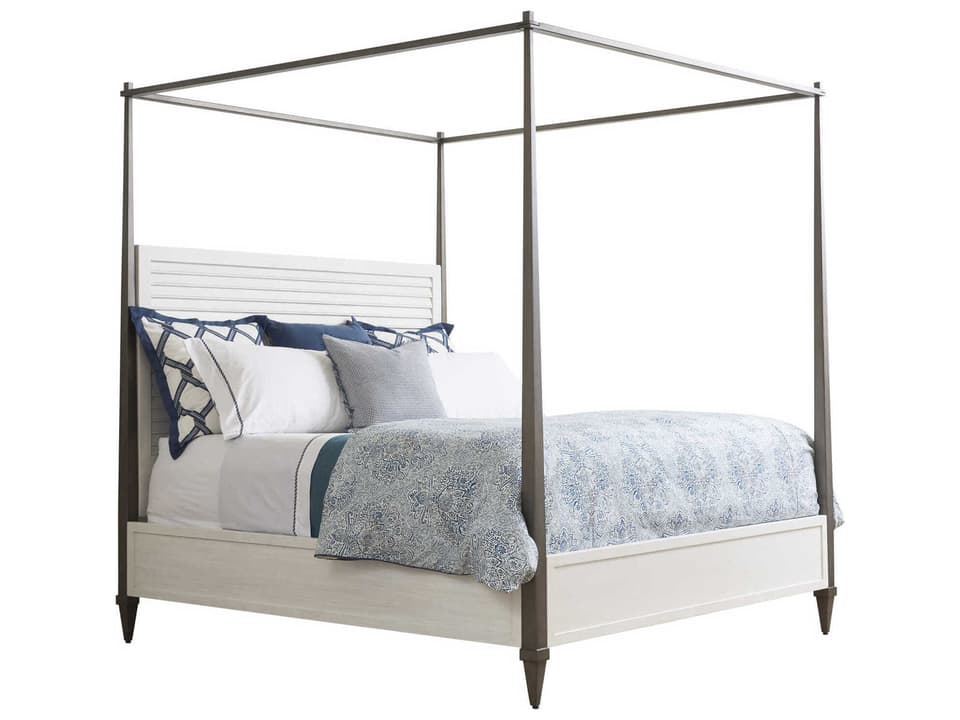 Ocean Breeze Coral Gables King Poster Bed in Shell White Wood and Aged Pewter