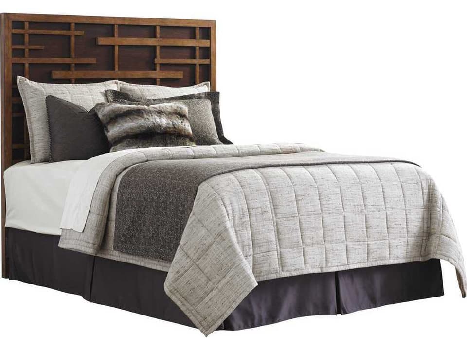 Island Fusion Queen Shanghai Panel Bed in Medium Brown and Dark Walnut