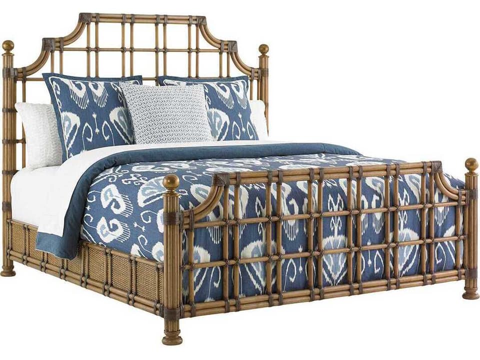 Twin Palms St. Kitts King Rattan Bed with Gold Leaf Finials