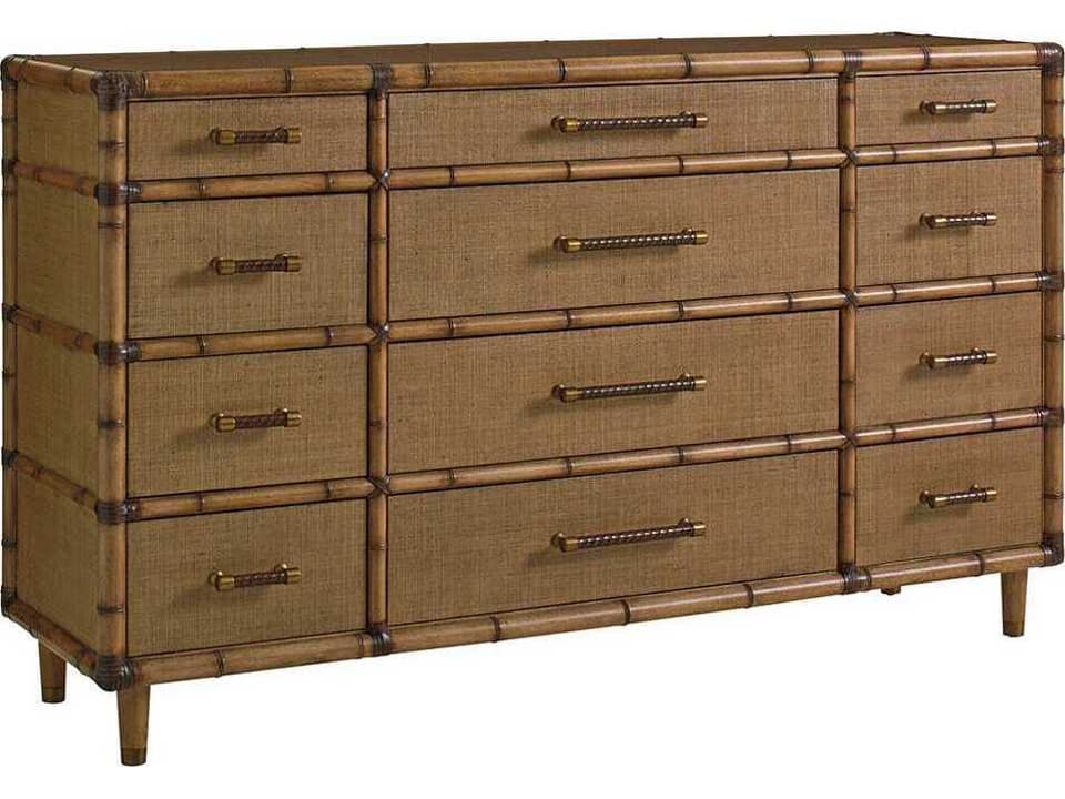 Twin Palms Windward 12-Drawer Wood Dresser with Raffia and Bamboo
