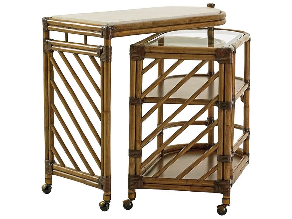 Twin Palms Cable Beach Bar Cart with White Stone Top and Pivoting Design