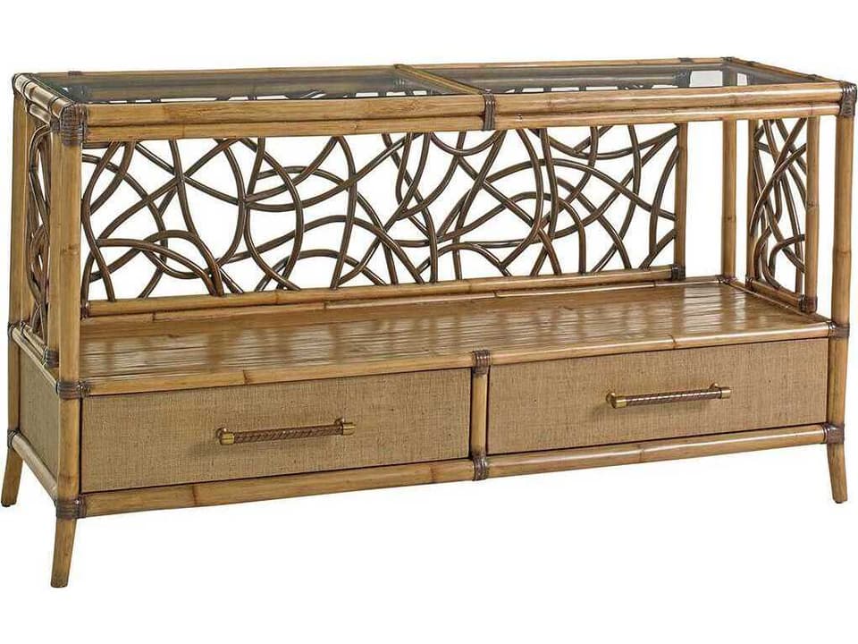 Twin Palms Sonesta Serving Console Table in Umber with Rattan and Glass