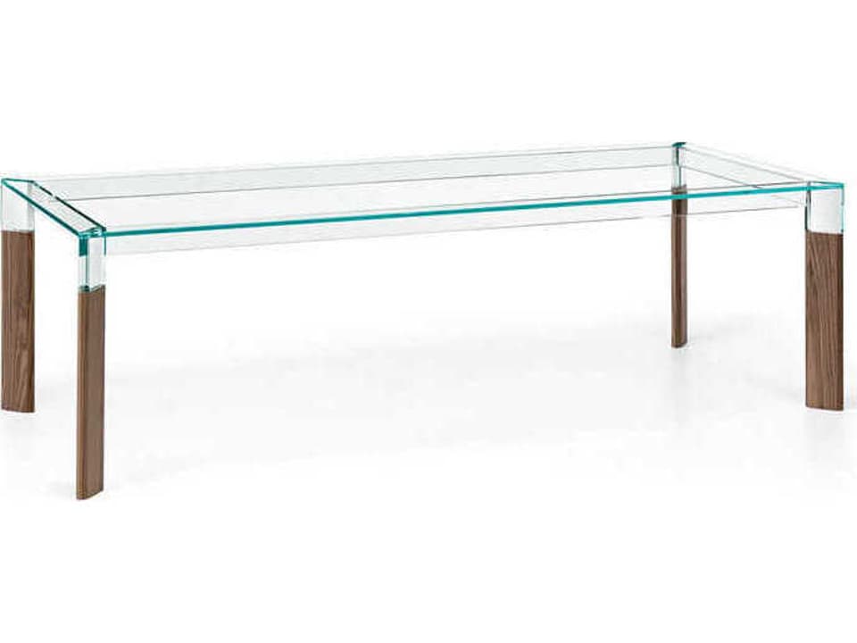 Perseo Rectangle Extra Clear Glass Dining Table with Customizable Wood Legs