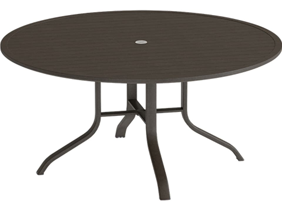 Aluminum Slat Round KD Pedestal Outdoor Dining Table with Umbrella Hole in Aged Bronze