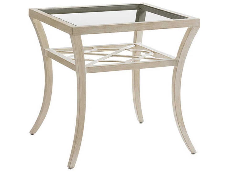 Misty Garden Cast Aluminum Square End Table with Inset Glass Top in Ivory