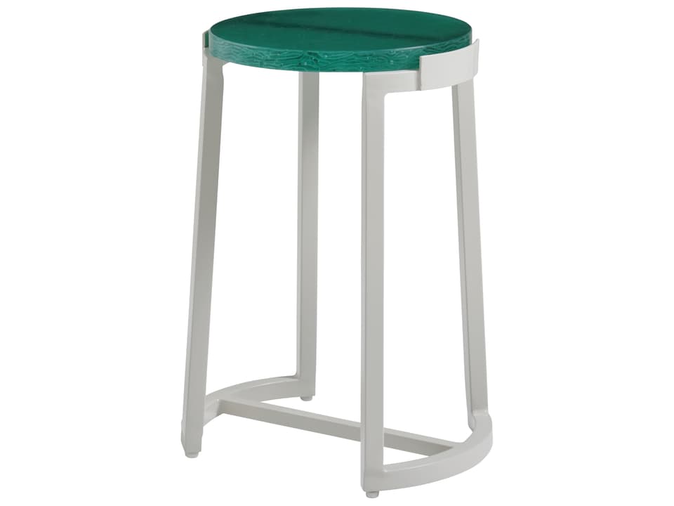Seabrook Aluminum Round Accent Table in Ivory with Aquamarine Glass