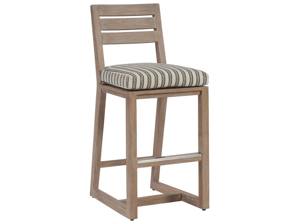 Stillwater Cove Teak Bar Stool with Performance Fabric in Light Taupe
