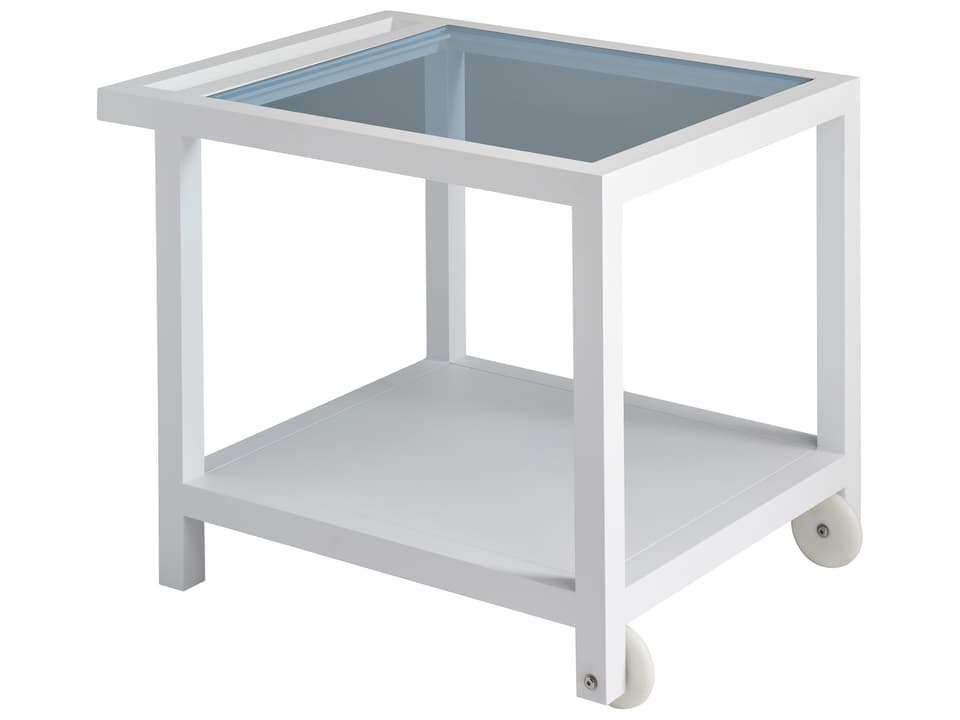 Ocean Breeze Promenade Aluminum Glass Top Serving End Table in Pearl White