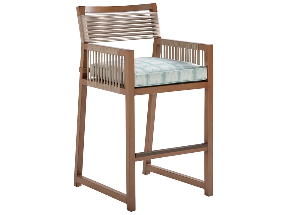 St Tropez Aluminum Bar Stool with Lanyard Cording Teak-Look Frame
