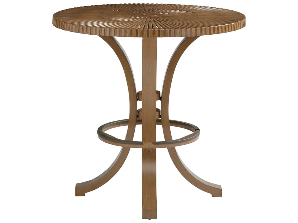 St Tropez Aluminum Round High Low Bar Counter Table in Teak Look