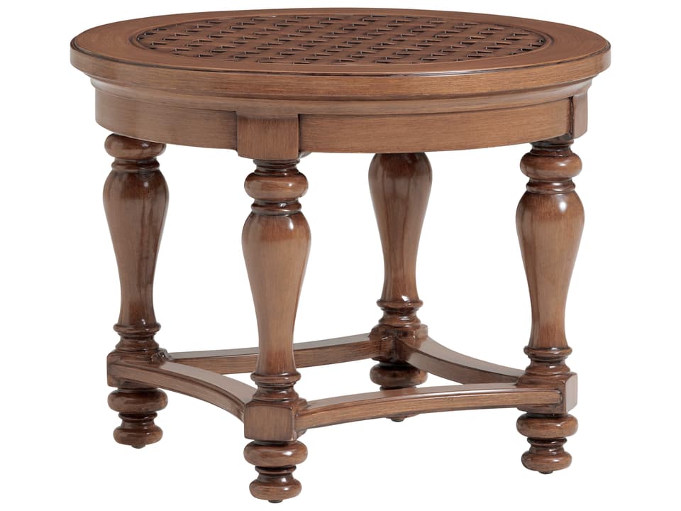 Harbor Isle Round End Table with Woven Cast Aluminum Top in Walnut