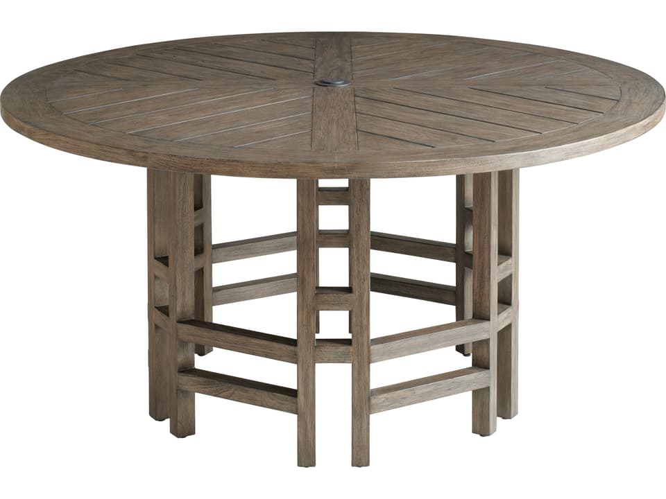 La Jolla 60 Inch Round Teak Dining Table with Umbrella Hole in Vintage Teak