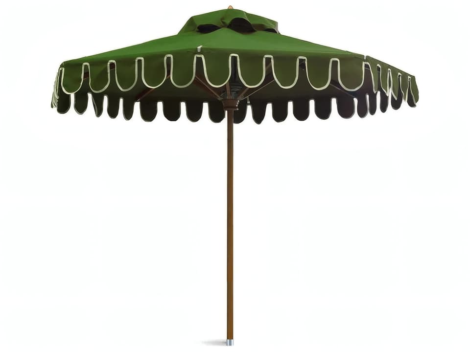 Riviera Round Outdoor Umbrella in Olive Green and Ecru Trim with Wood Frame