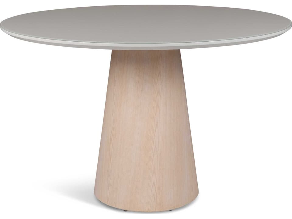 Mona 47-Inch Round Dining Table in Off White Lacquered Glass and Nevoa Wood Veneer