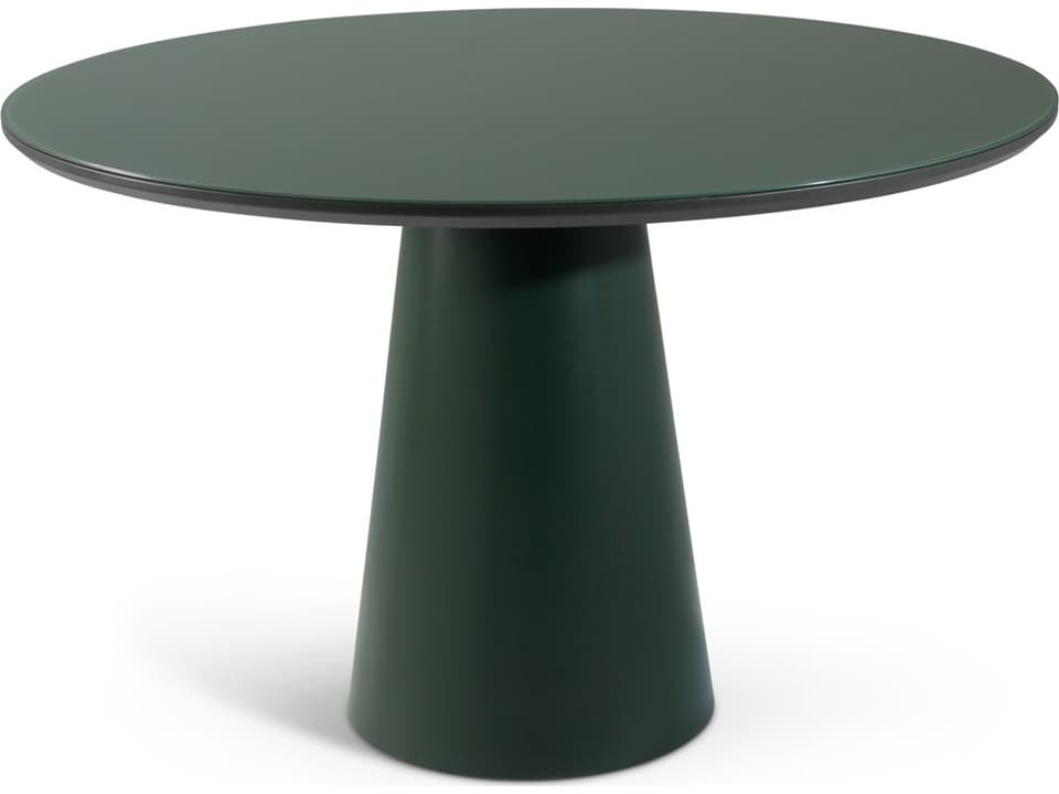 Mona Round Dining Table in Floresta Green Lacquered Glass and Wood Veneer Base