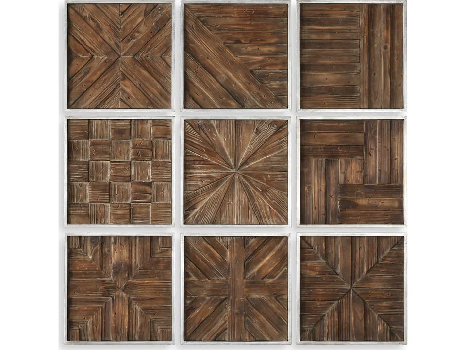 Bryndle 9-Piece Rustic Wooden Squares Wall Art Set with Silver Leaf