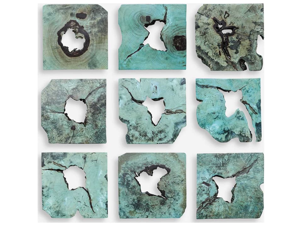Bahati Blue Green Wood Wall Decor Set of 9 Handcrafted Panels