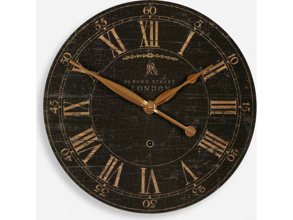 Bond Street Wall Clock Antiqued Brass with Laminated Black Face