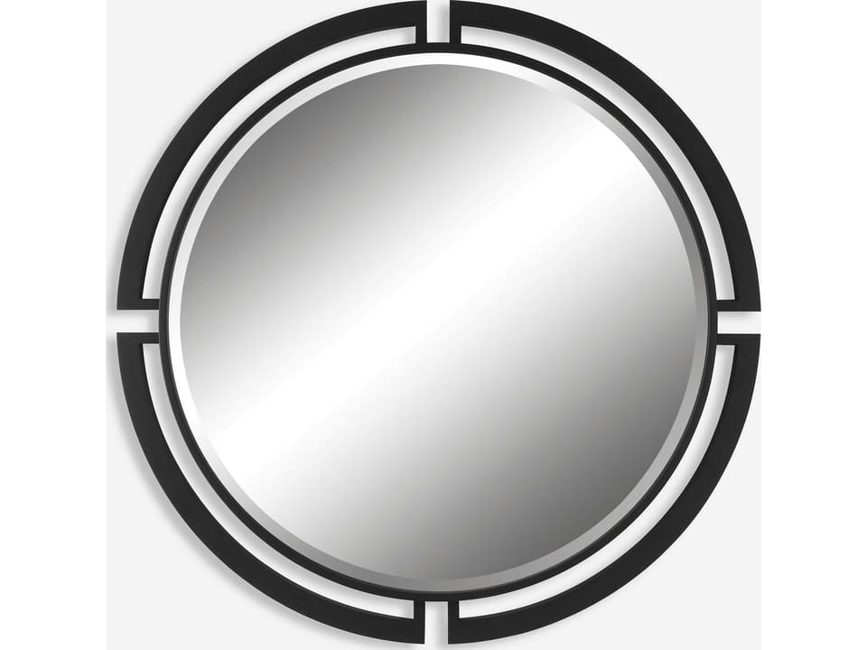 Quadrant Round Mirror with Thick Iron Frame in Satin Black