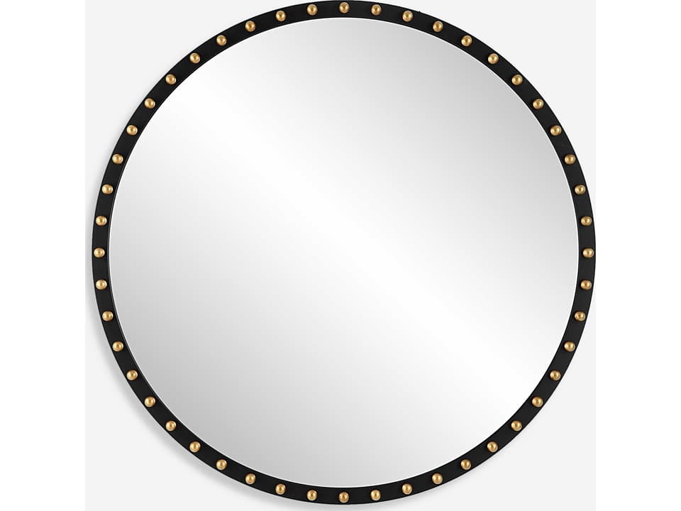 Sele Oversized Round Wall Mirror in Matte Black with Gold Leaf Details
