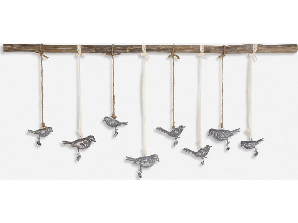 Birds On A Branch Metal and Elm Wood Wall Art with Photo Clips