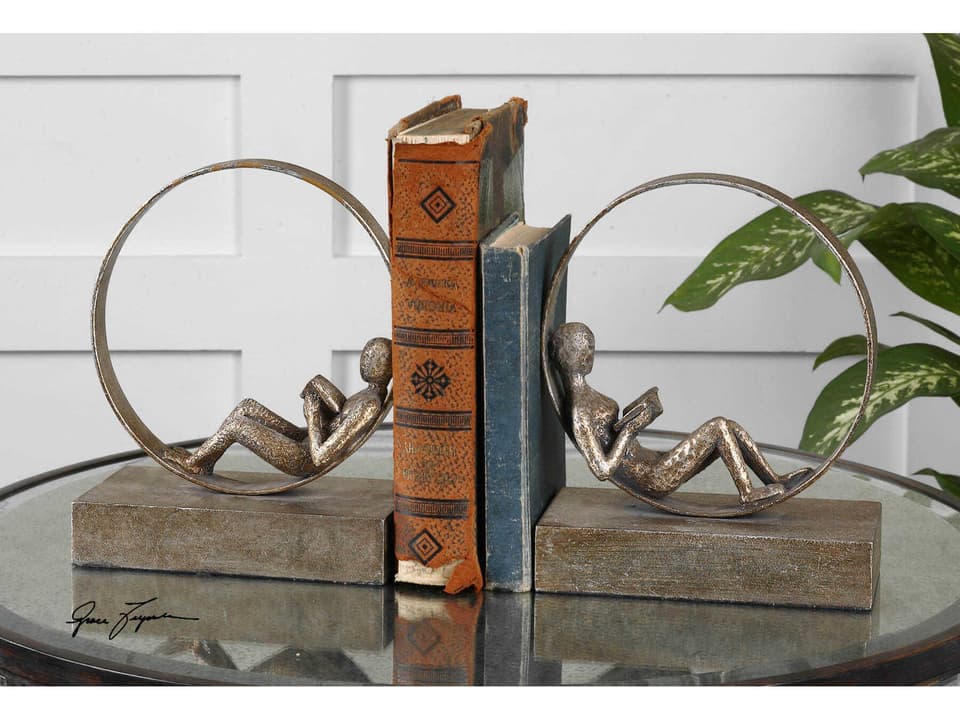 Lounging Reader Bookends Antiqued Silver Leaf Metal Set of 2