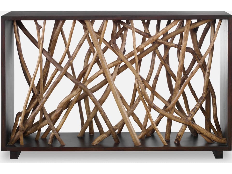 Teak Maze Console Table in Walnut Stain and Natural Teak