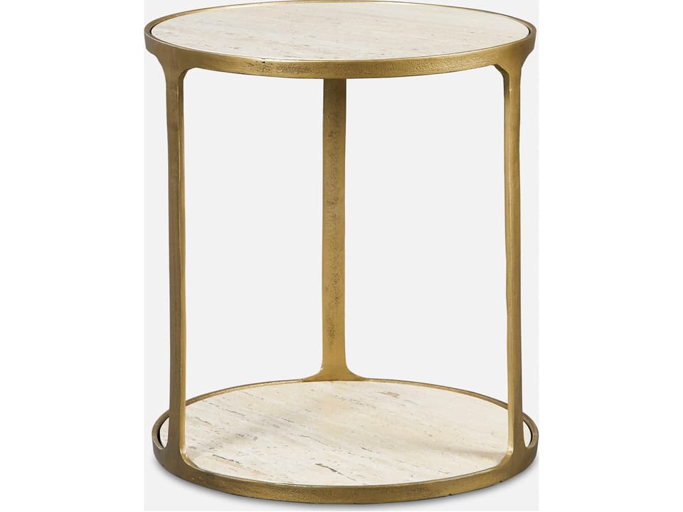 Clench Antique Brass Cast Aluminum Side Table with Beige Travertine