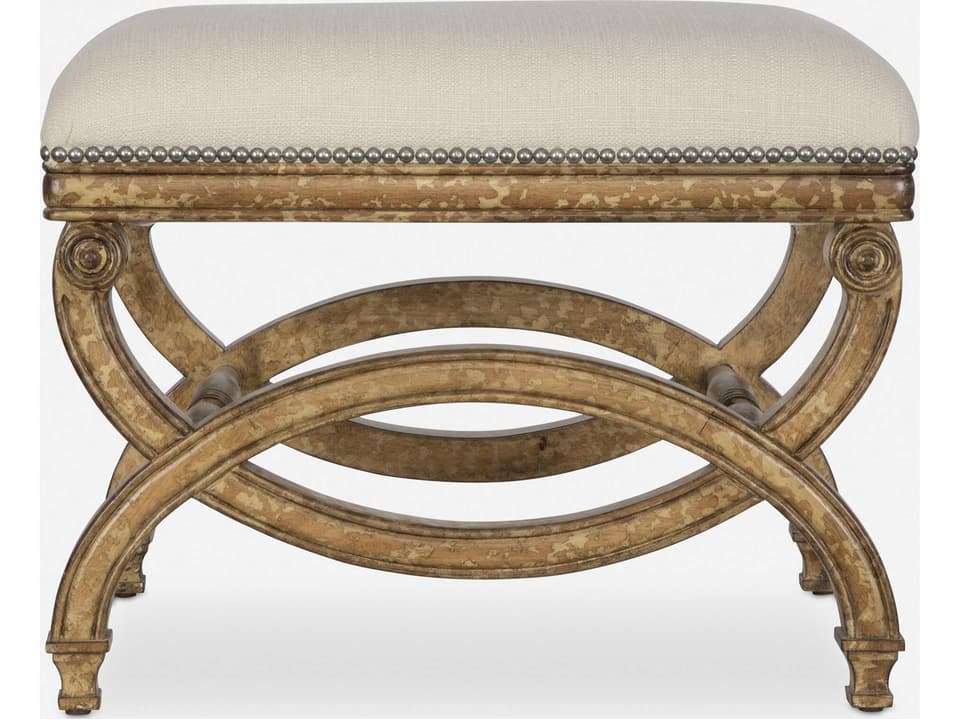 Karline Hand Carved White Mahogany Frame Small Bench with Natural Linen Upholstery