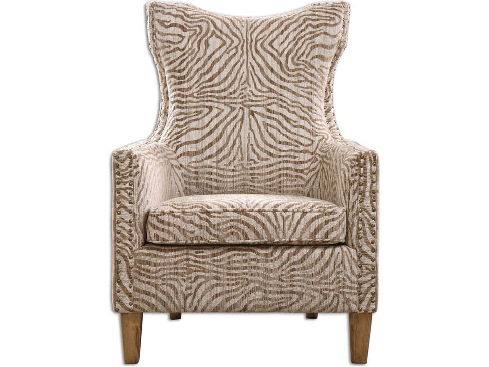 Kiango Animal Pattern Armchair with Nailhead Trim and Weathered Maple Wood Finish