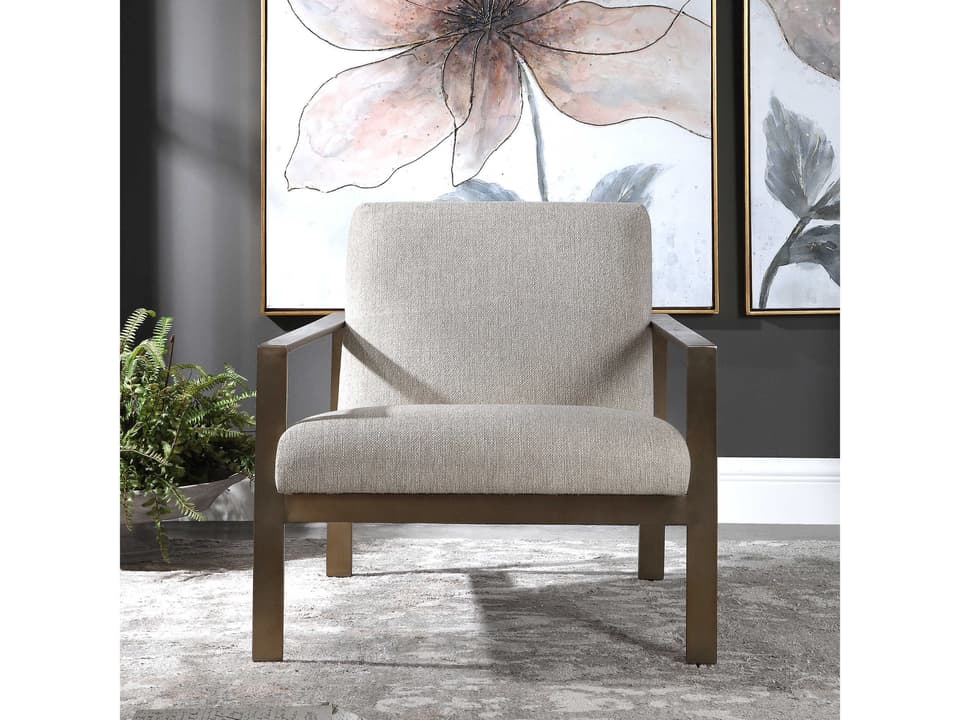 Wills Contemporary Accent Chair Warm Oatmeal Fabric Antique Brushed Brass