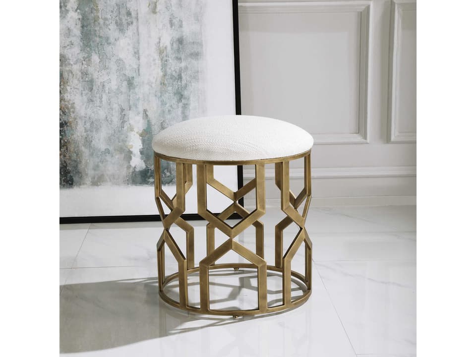 Trellis Geometric Accent Stool in Antique Brushed Brass and White Fabric