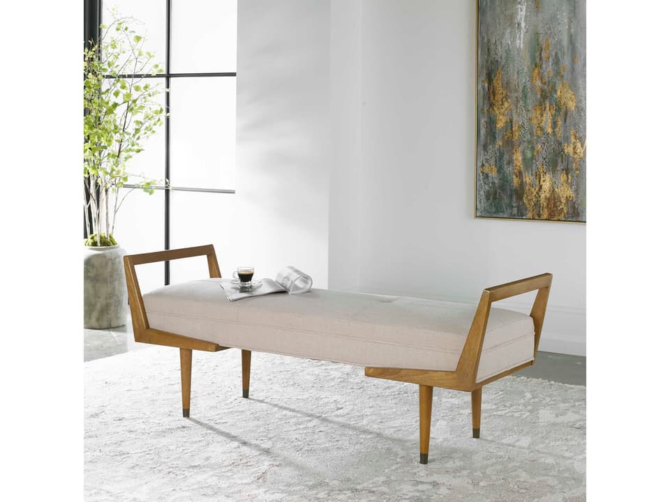Waylon 59-Inch Woven Ivory Fabric Bench with Modern Birch Wood Frame