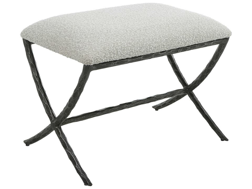 Brisby Gray Fabric Small Bench with Distressed Charcoal Cast Iron Base