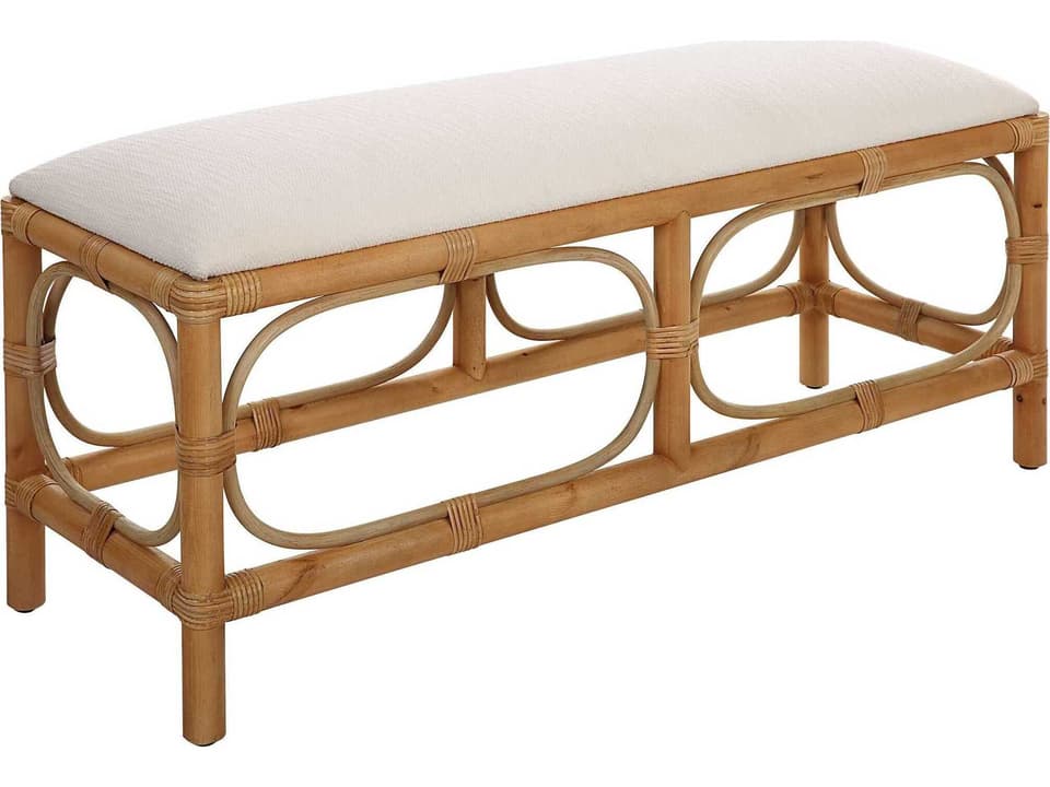 Laguna Coastal White Fabric Bench with Rattan Accents