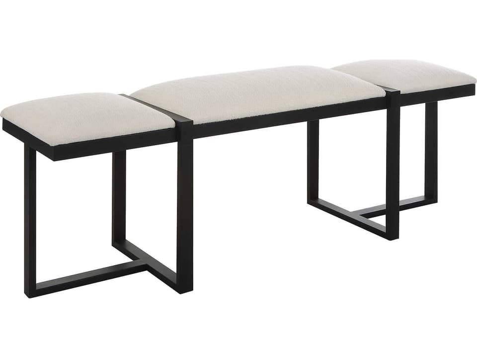 Triple Cloud Modern Upholstered Bench with Black Iron Framework and White Fabric