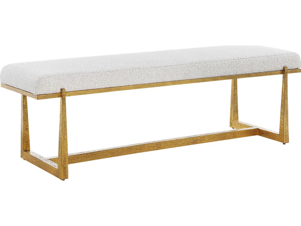 Midas Bench with Textured Antique Gold Iron Legs and Driftwood Upholstery