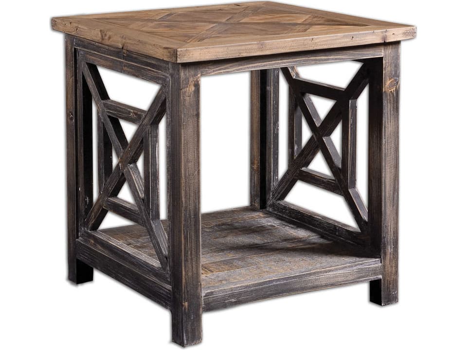 Spiro Reclaimed Fir Wood End Table in Brushed Black with Light Gray Glaze