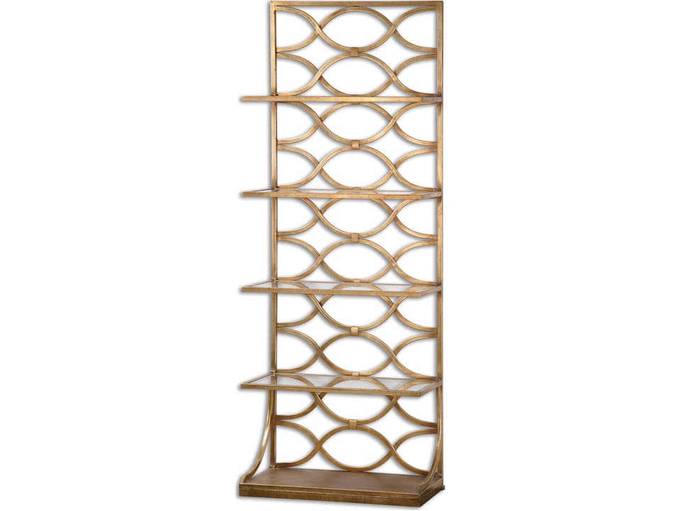 Lashaya Gold Leaf Metal Etagere with Four Tempered Glass Shelves